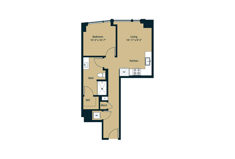 Floor plan for 1 bed, 1 bath, 587 sqft
